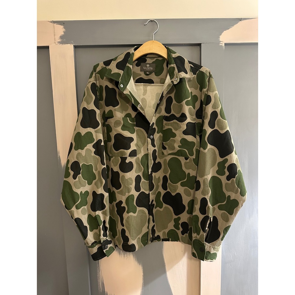Saints Studio Mens Duck Camo Snap Front Shirt Jacket Green Large L